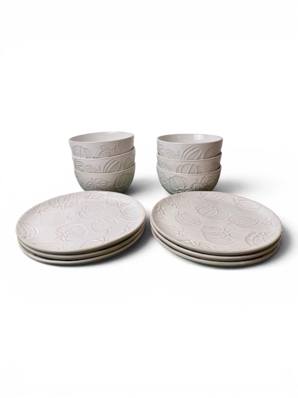 Hobby Lobby Embossed Ceramic Salad Plates/Bowls Set Cream/White Pumpkins 12 pc.